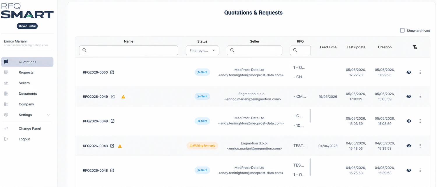 RFQ Smart — Buyer Portal: list of quotes and requests